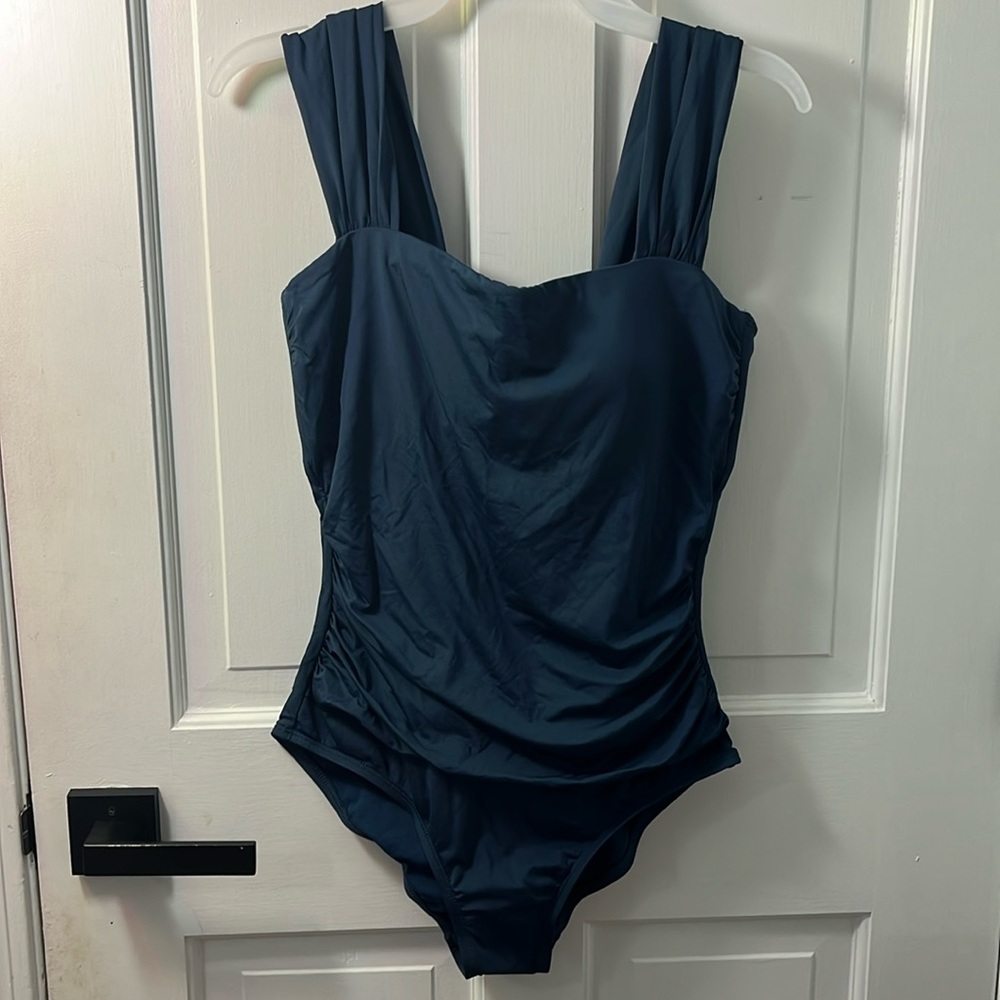 Shiny Navy Blue One Piece Bathing Suit, Never worn, NWT.
